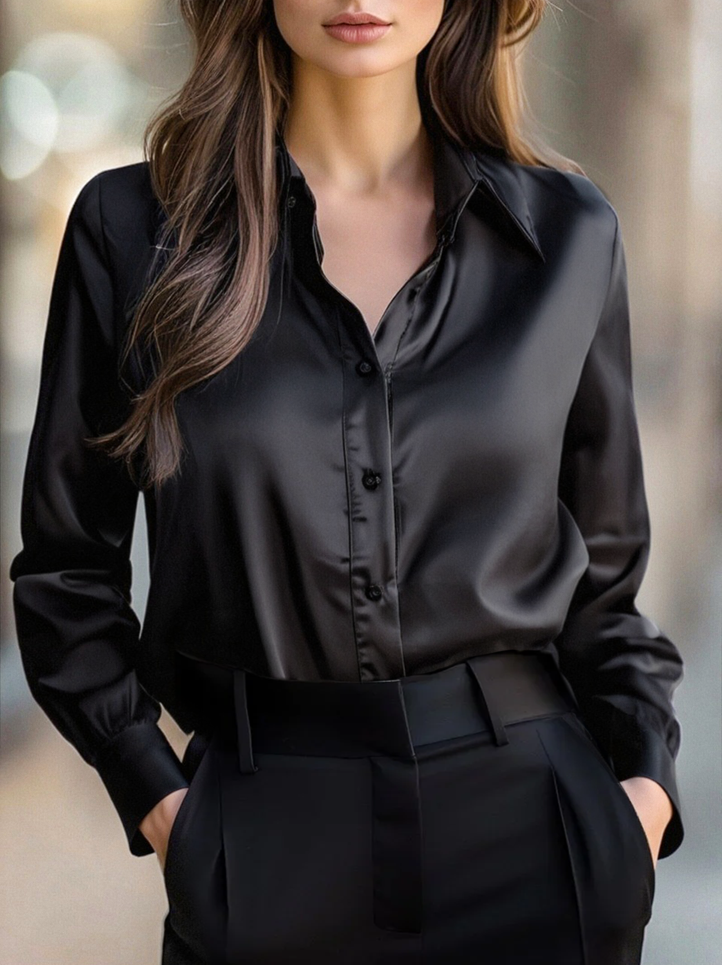 Blusa Elegante in Seta Nera con Maniche Lunghe