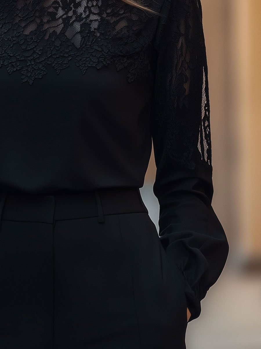 Elegante Top con Pannello in Pizzo a Maniche Lunghe