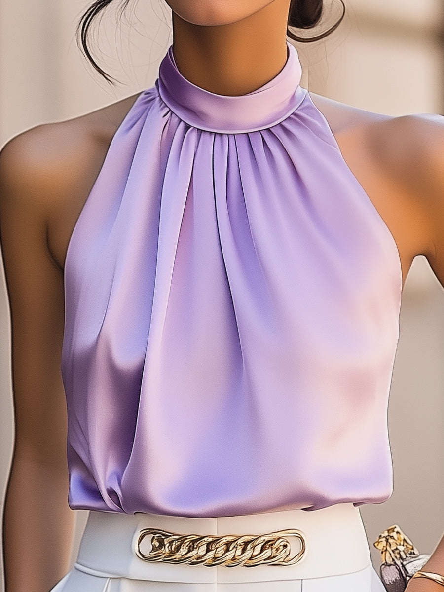 Blusa Alta in Raso Lavanda
