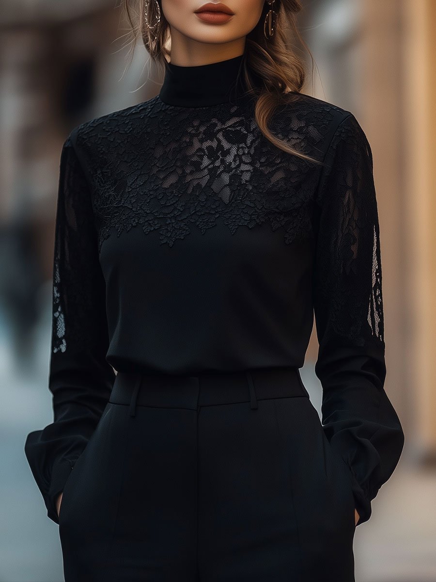 Elegante Top con Pannello in Pizzo a Maniche Lunghe